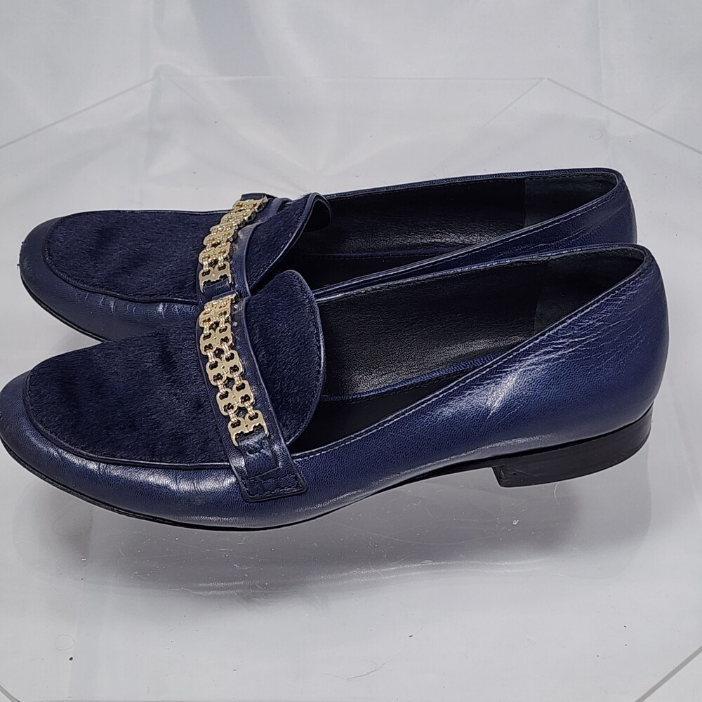 Tory Burch Gemini Link 6 M Royal Navy Blue/Gold Calf Hair Loafers/Flats Shoes